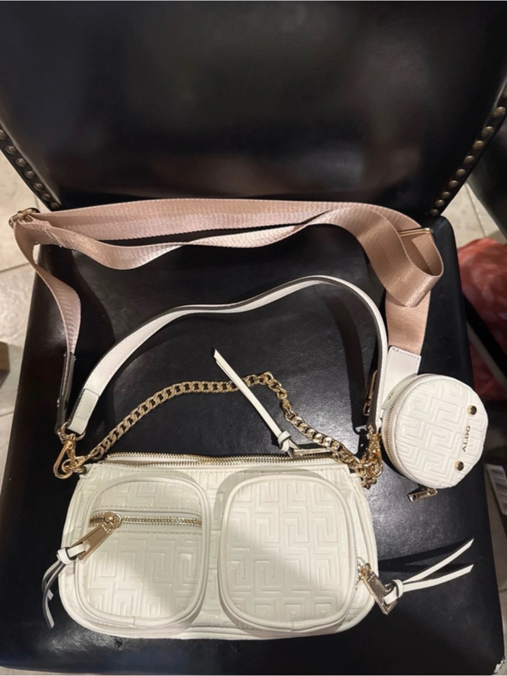 Aldo White Quilted Crossbody Bag with Pink Strap and Coin Pouch